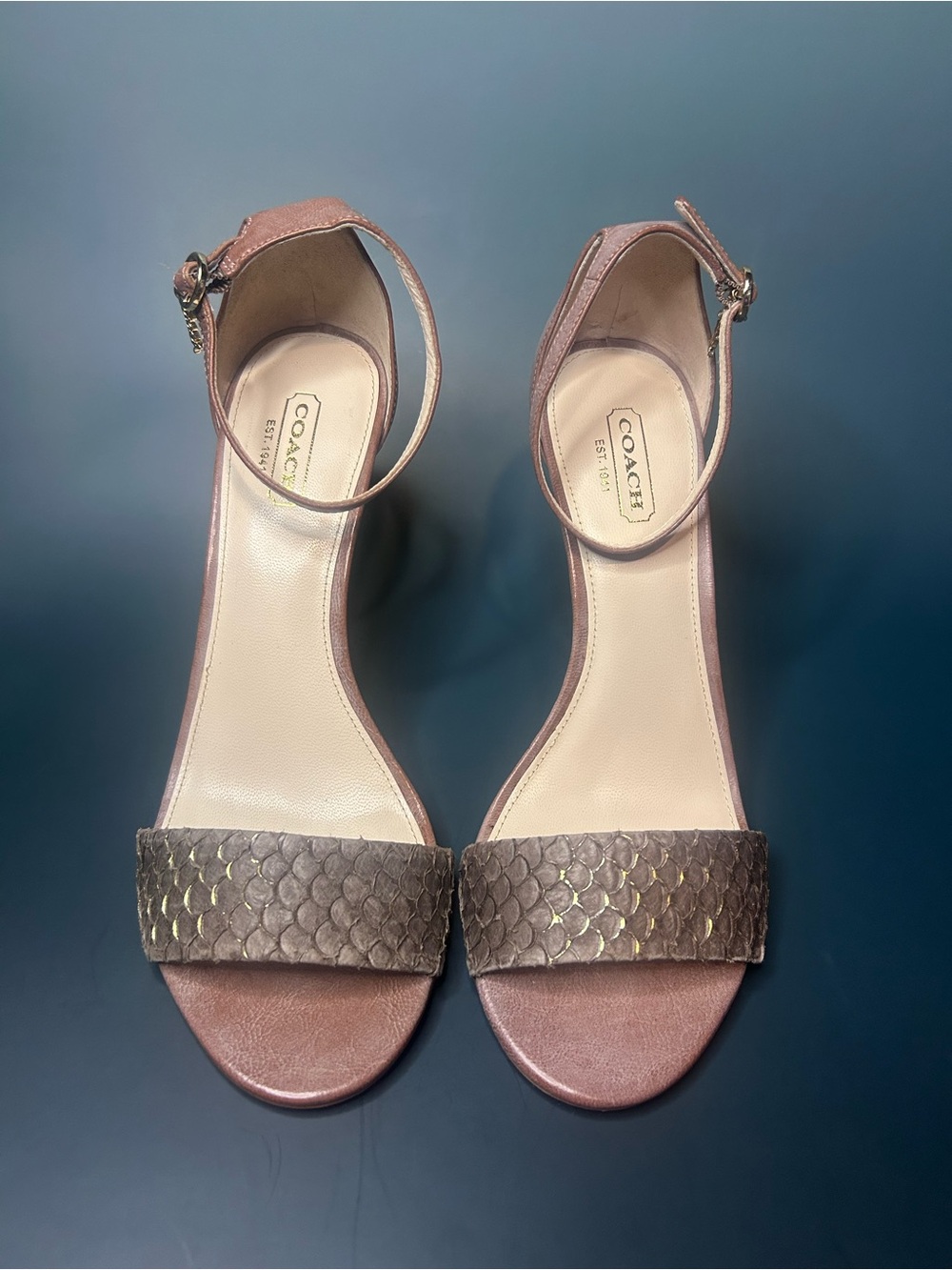 Coach Metallic Rose Gold Ankle Strap Heeled Sandals